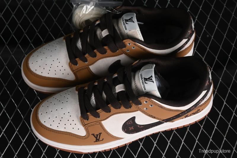 Nike SB Dunk Low LV Collaboration - Brown Black Monogram Anniversary High-End Custom Low-Top Casual Skate Shoes - DQ1098-342