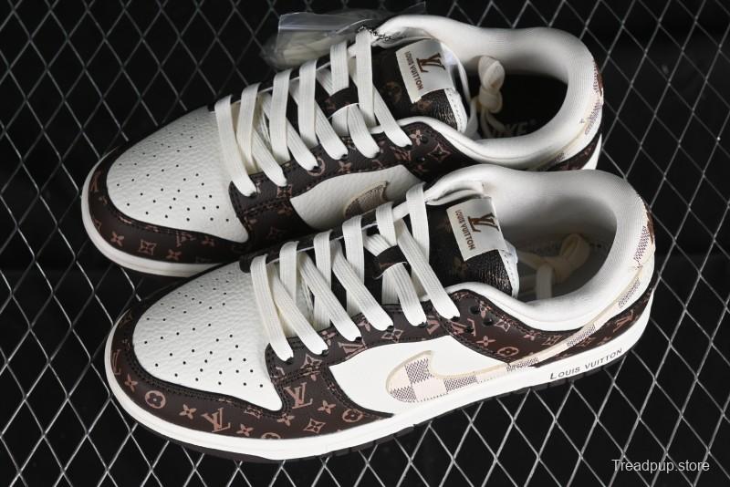 Nike SB Dunk Low LV Collaboration - Checkerboard Brown White Swoosh Anniversary High-End Custom Low-Top Casual Sneakers - SJ2068-253