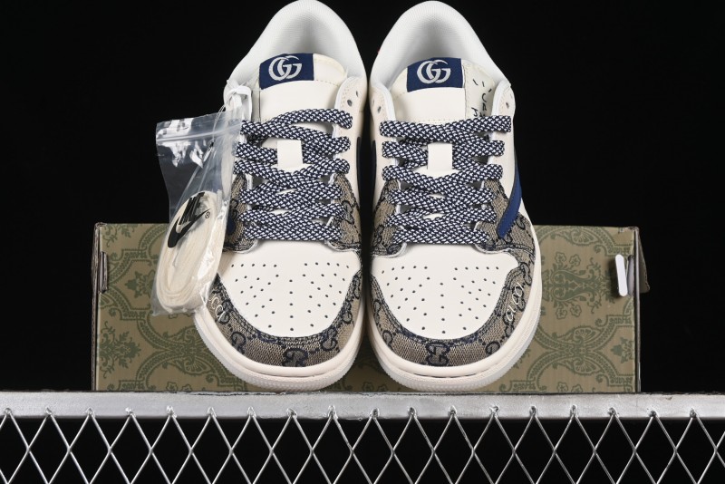 Nike Travis Scott x Fragment Design x Air Jordan 1 Low OG SP AJ1 Gucci Collaboration - Silver Logo Blue Swoosh Low Top Casual Sneakers - XY2688-118