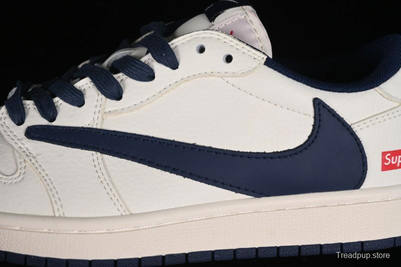 Nike Travis Scott x Fragment Design x Air Jordan 1 Low OG SP AJ1 Supreme Collaboration - White Navy Blue Low Top Casual Sneakers - XZ116