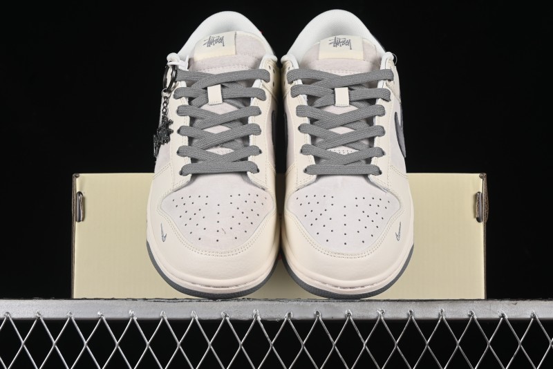 Nike SB Dunk Low Stussy Collaboration - Grey Pigskin Red Tail Anniversary High-End Custom Low-Top Casual Skate Shoes - XY2025-015