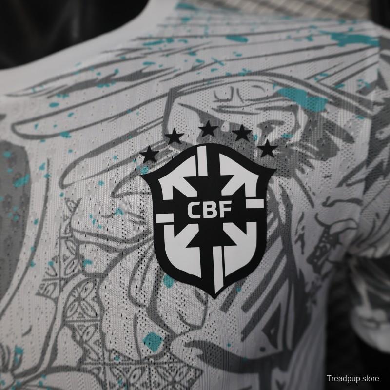 Player Version 2025 Brazil White with Blue Macaw Jersey