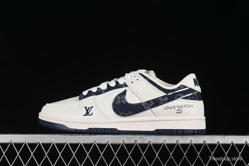 Nike SB Dunk Low LV Collaboration - Denim Print Swoosh Anniversary High-End Custom Low-Top Casual Skate Shoes - XB3802-360