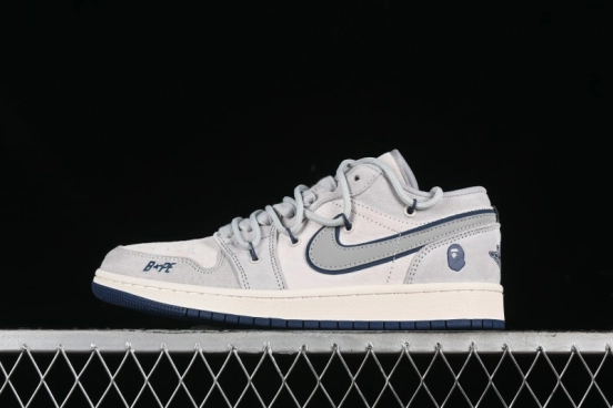 Nike Air Jordan 1 Low AJ1 Bape Collaboration - Grey Blue Retro Basketball Shoes with Custom Laces - SJ9950-019