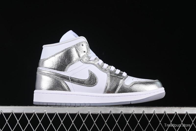 Nike Air Jordan 1 Mid Basketball Shoes Silver White - FN5031-100