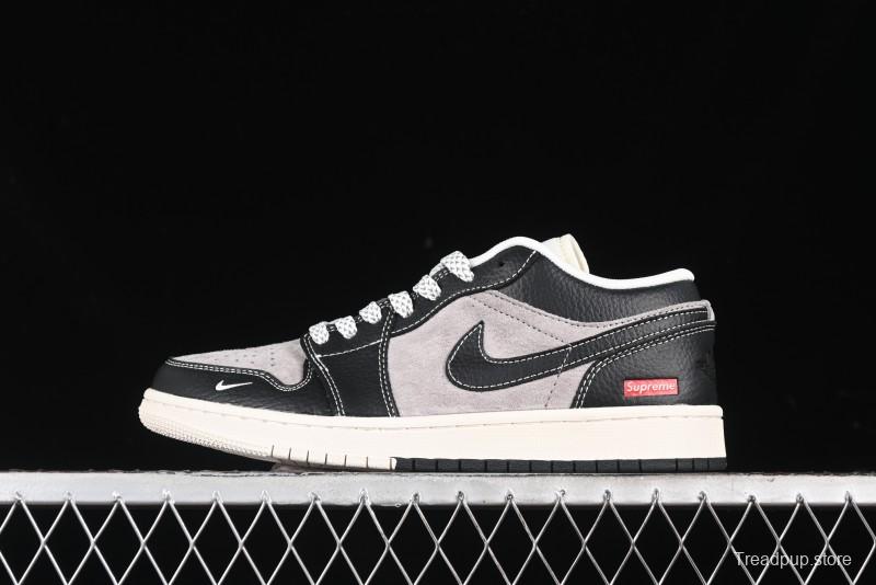 Nike Air Jordan 1 Low Supreme Collaboration - Black Grey Pigskin Two-Tone High-End Custom Retro Basketball Shoes - SJ9950-032