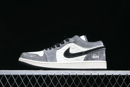 Nike Air Jordan 1 Low Stussy Collaboration Pig Grey Black Swoosh Custom Retro Basketball Shoes - SJ9950-029