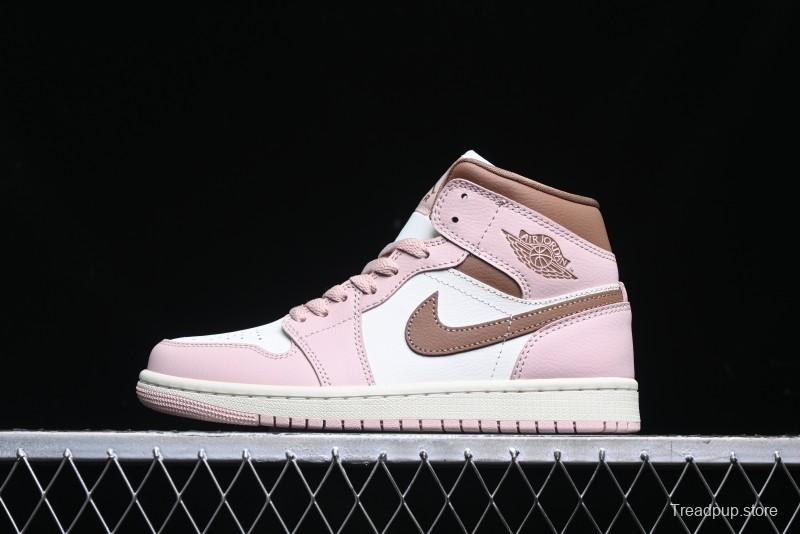 Nike Air Jordan 1 Mid AJ1 Basketball Shoes in Khaki Pink - BQ6472-620