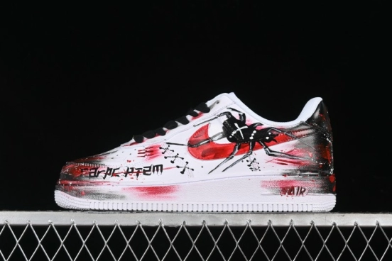 Nike Air Force 1 '07 Low Casual Sneakers with 2D Black and White Hand-Painted Blood Night Stitching Design - CW8822-011