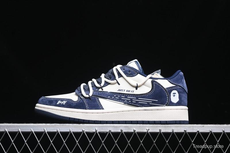 Nike Travis Scott x Fragment Design x Air Jordan 1 Low OG SP AJ1 Bape Collaboration - Klein Blue Lace-Up Low-Top Casual Sneakers - XS3186-201