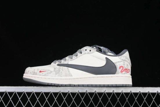 Nike Travis Scott x Fragment Design x Air Jordan 1 Low OG SP AJ1 Snake Year Limited Grey Snake Scale with Grey Swoosh Low-top Casual Sneakers - XS3086-009