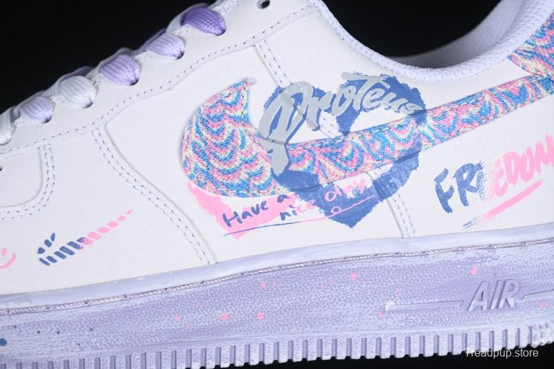 Nike Air Force 1 '07 Low Double Hearts Casual Sneakers with Hand-Drawn Anime Doodle and Pink Blue Hearts - CZ0377-002