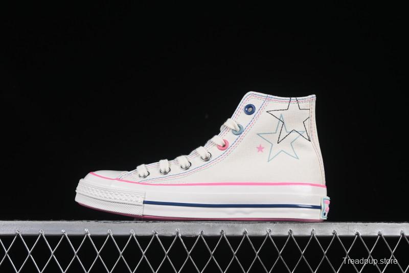 Converse Chuck 1970s High Top Casual Sneakers with Star Stitching and White-Pink-Blue Mismatched Design - A15744C