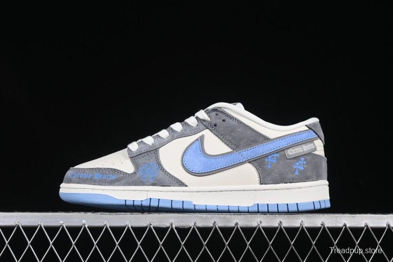 Nike SB Dunk Low Chrome Hearts Collaboration Grey White Blue Hook Anniversary High-End Custom Low-Top Casual Skate Shoes - KK1333-027