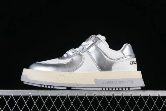 Choco Concert Leather Asymmetrical Fashion Sneakers Silver White - AJE5