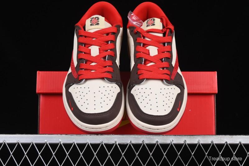 Nike Travis Scott x Fragment Design x Air Jordan 1 Low OG SP AJ1 Snake Year Limited Edition Snake Scale Red Hook Low Top Lifestyle Casual Sneakers - CH6336-020