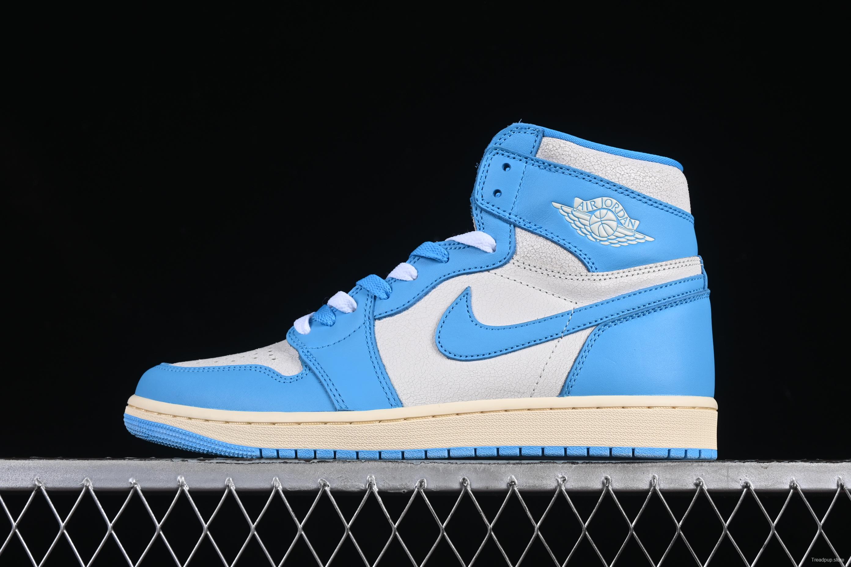 Nike Air Jordan 1 High OG "UNC Reimagined" Retro Basketball Shoes with Cracked Leather and Vintage Midsole - DZ5485-402