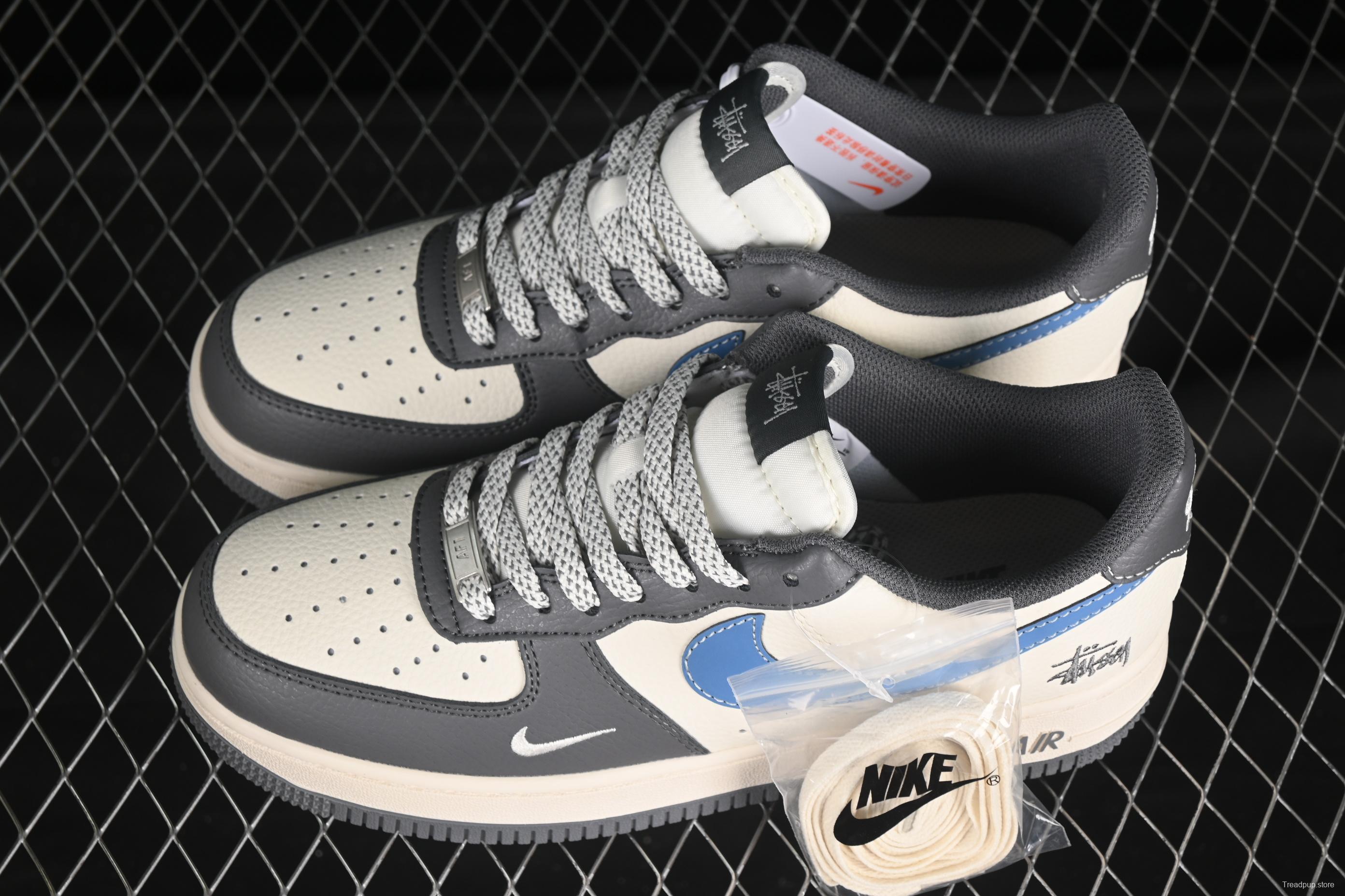 Nike Air Force 1 '07 Low Stussy Collaboration Light Grey Sky Blue Swoosh Casual Sneakers - XS1958-574