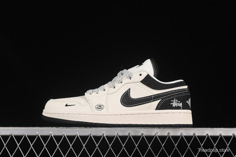 Nike Air Jordan 1 Low AJ1 Stussy Beige Black Canvas Custom High-End Retro Basketball Shoes - XS6086-561