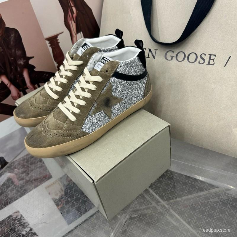 2024 Unisex Golden Goose Deluxe Brand Grey Silver Glitter Suede Leather High-Top Sneakers MJ00300