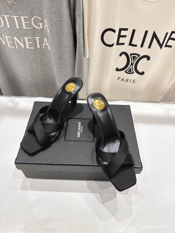 2025 Women Yves Saint Laurent Black Leather High Heel Slide Sandals With Gold Medallion Detail - LY00360(F)