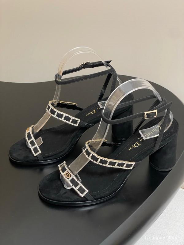 2025 Women Dior Black Suede Crystal Embellished Strap Sandals