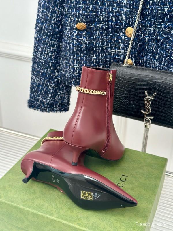 2024 Women Gucci Burgundy Leather Ankle Boots Chain MJ00410