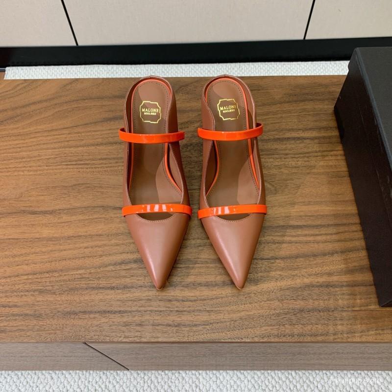 2025 Women Malone Souliers Brown Orange Leather Patent Leather Mid Heel Pumps