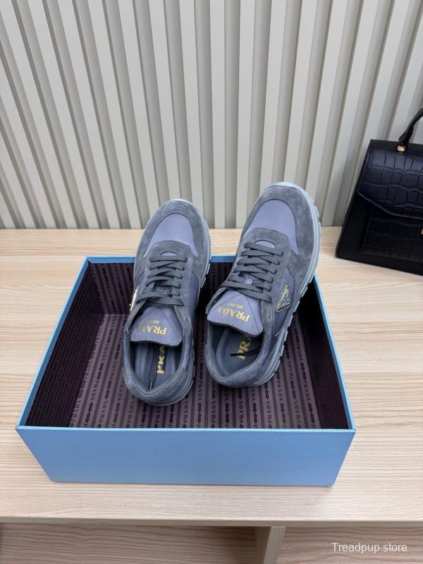 2025 Women Prada Grey Suede Leather Sneakers LY00300