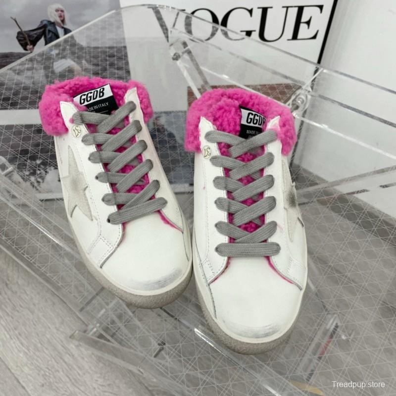 2025 Women GGDB White Pink Shearling Leather Sneakers