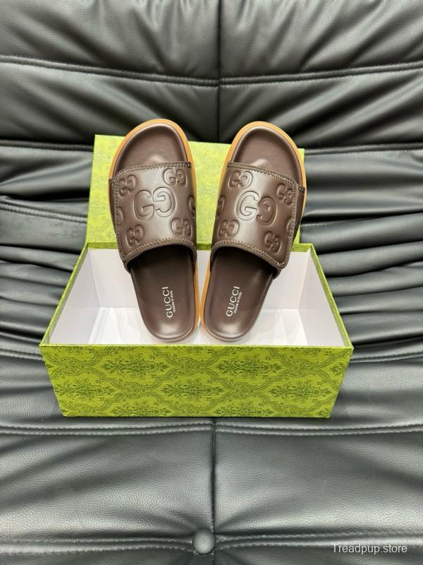2024 Gucci Brown Leather Slippers MJ00200