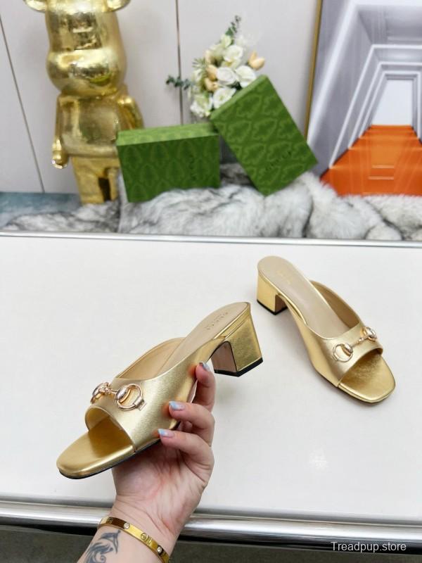 2025 Women Gucci Gold Leather Heeled Slip-On Horsebit MJ00180