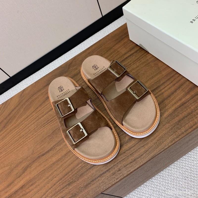 2025 Unisex Brunello Cucinelli Brown Suede Leather Slippers KFY00250