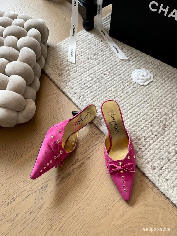 2025 Women Chanel Pink Suede Slip-on Mules KFY00290