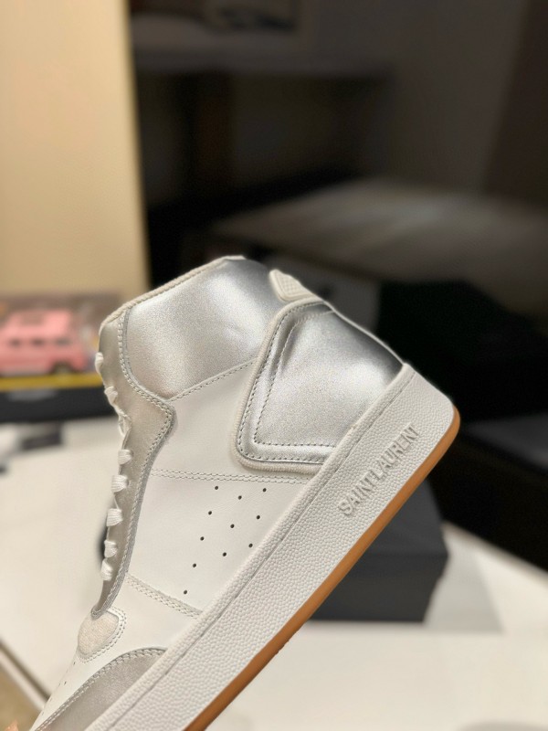 2024 Unisex Yves Saint Laurent White Silver Leather High Top Sneakers MJ00390