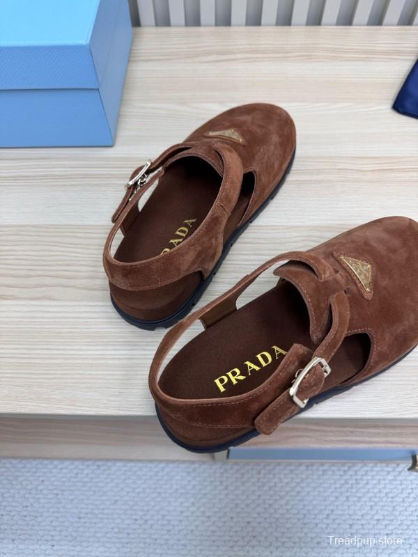 2025 Women Prada Brown Suede Slingback Buckle Sandals LY00280