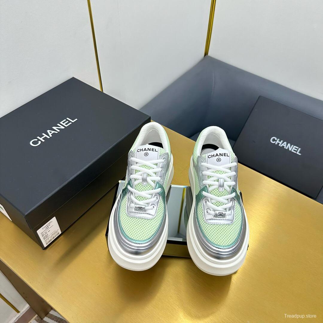 2025 Women Chanel Green Silver Mesh Leather Platform Sneakers