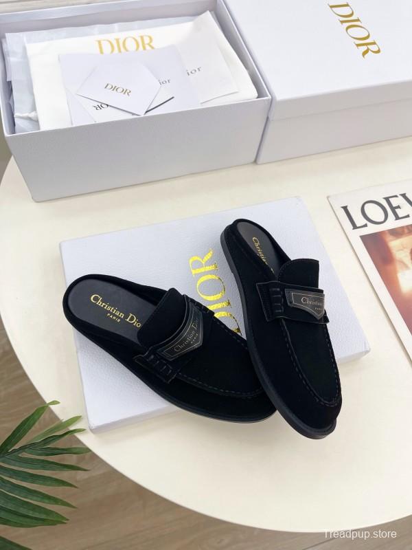 2025 Women Dior Black Leather Slip-On Loafers Crafted With Original Rubber Sole KFY00300(F)