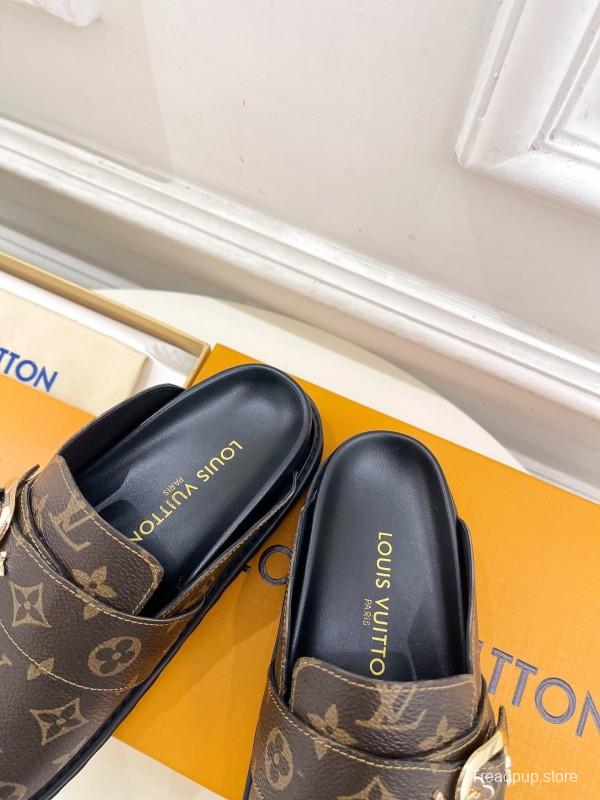 2025 Women Louis Vuitton Brown Leather Slippers Monogram KFY00300