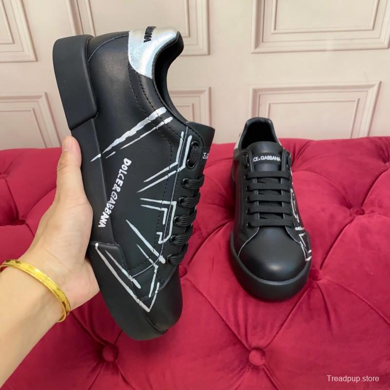 2025 Men Dolce & Gabbana Black Silver Leather Sneakers