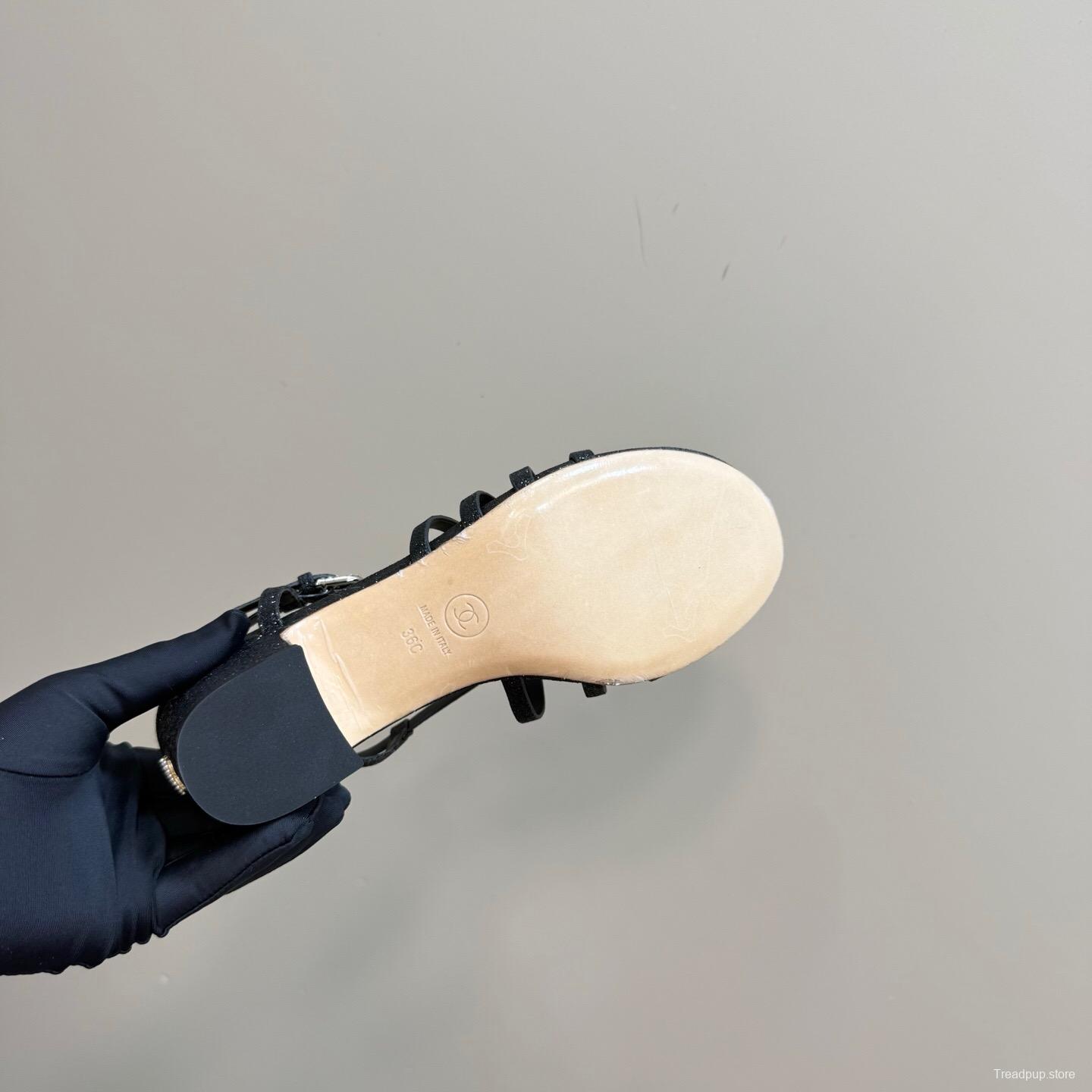 2025 Women Chanel Black Leather Sandals KFY00290