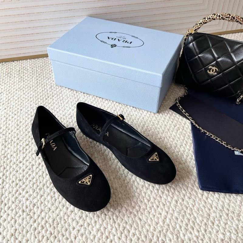 2025 Women Prada Black Suede Mary Jane Ballet Flat