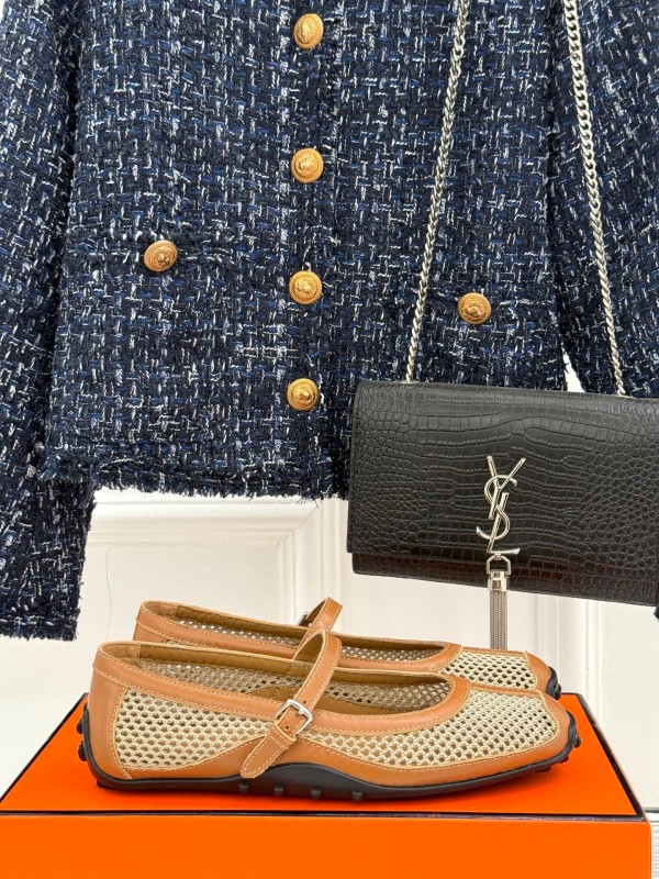 2025 Women Hermès Beige Mesh Leather Mary Jane