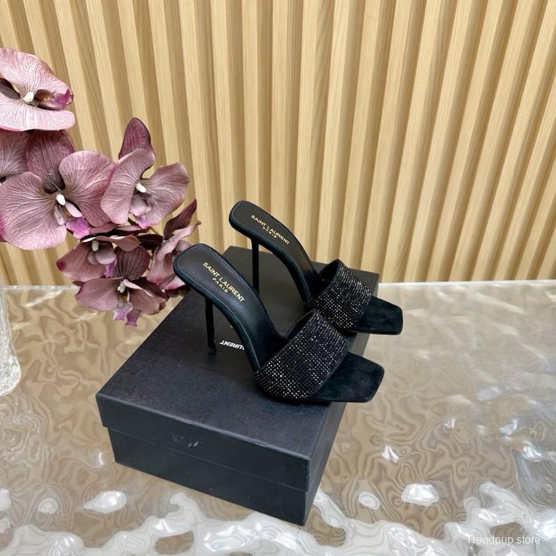 2025 Women Yves Saint Laurent Black Rhinestone Leather High Heel Sandals MJ00300