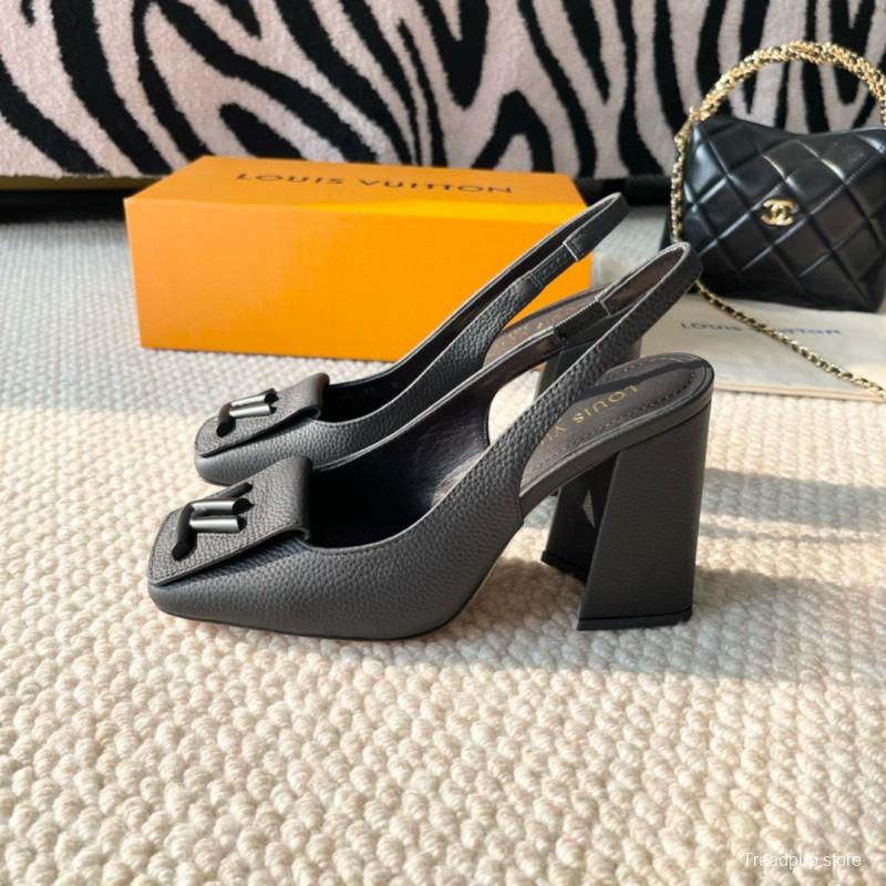 2024 Women Louis Vuitton Black Leather Slingback Heels