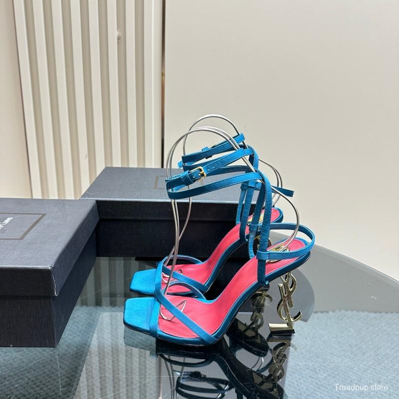 2025 Women Yves Saint Laurent Blue Satin Heeled Sandals MJ00290