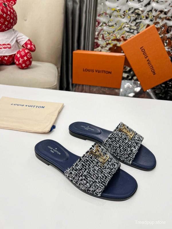 2025 Women Louis Vuitton Navy Tweed Leather Slippers LY00210