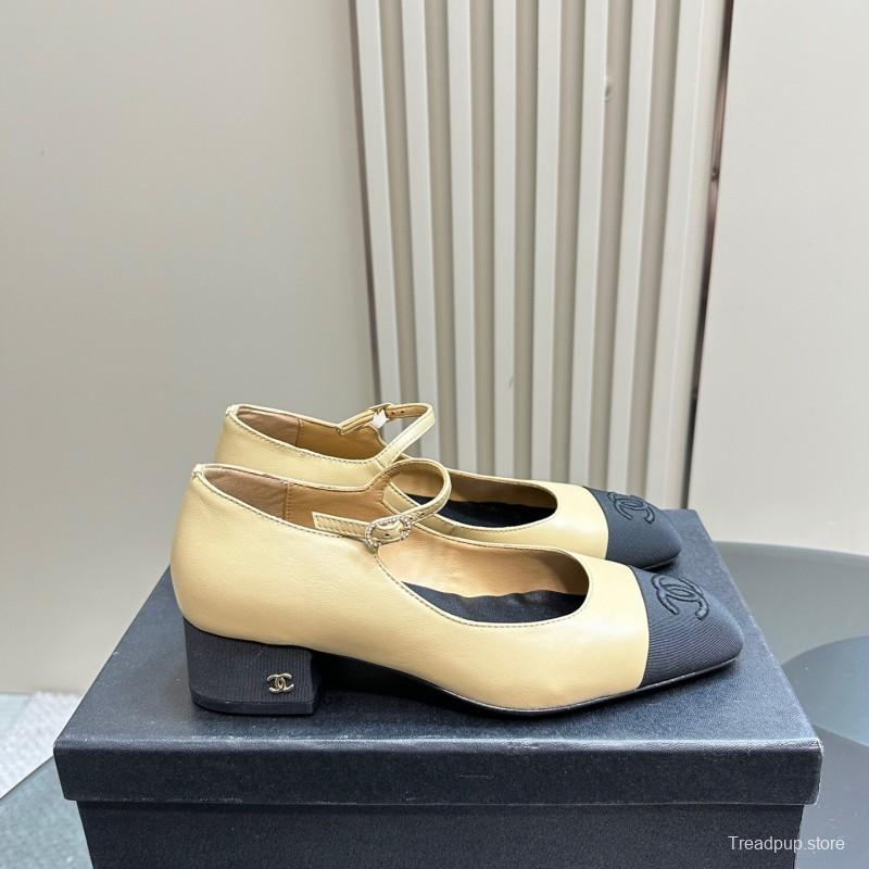 2025 Women Chanel Beige Black Leather Mary Jane Shoes KFY00290