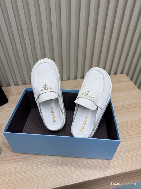 2025 Women Prada White Canvas Platform Loafers