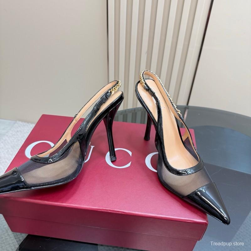 2025 Women Gucci Black Mesh Chain Strap High Heel Pumps KFY00300(F)